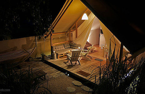 Luxury lodge tent at night, camping Breznik